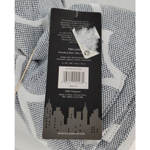 Nicole Miller Treillage Back Tab Blackout Window Curtain Panels Blue 52"x96" New - Picture 7 of 9